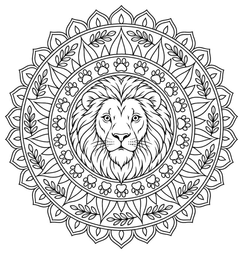 Coloring page of a lion head inside a mandala with paw prints, leaves and petal border