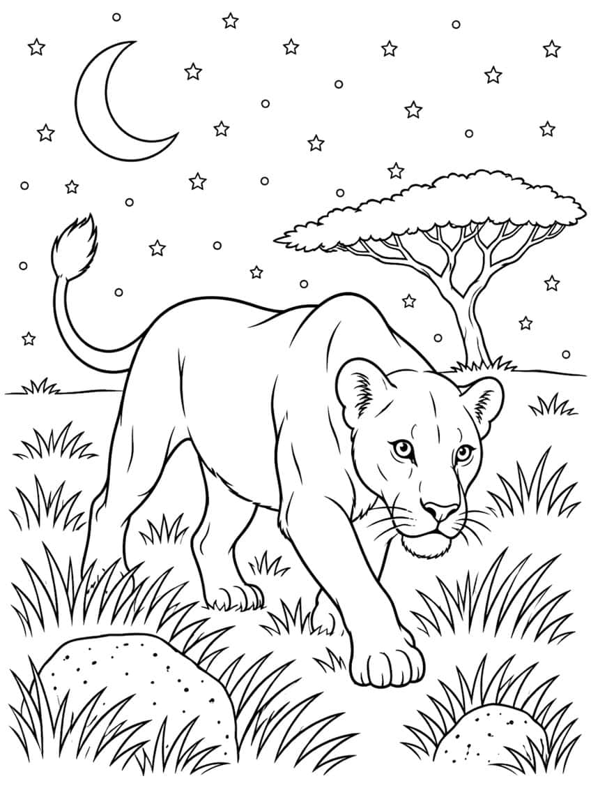 Coloring page of a lioness stalking through grass at night under a crescent moon and stars