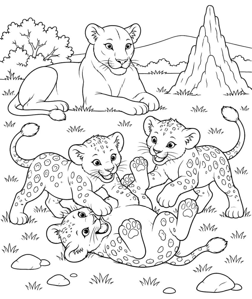 Lion coloring page of three spotted cubs playing in the grass while a lioness lies behind them