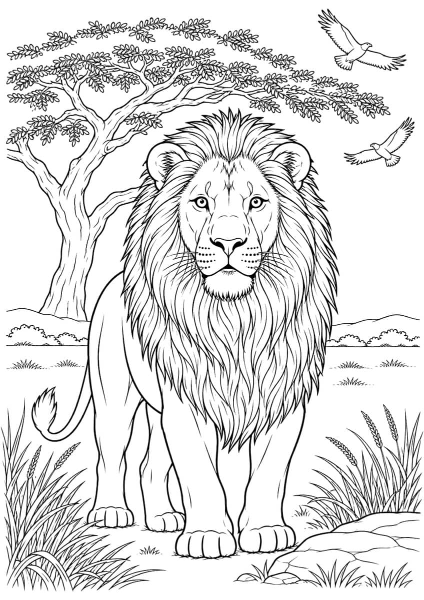 Coloring page of a male lion standing on the savanna under an acacia tree with two birds