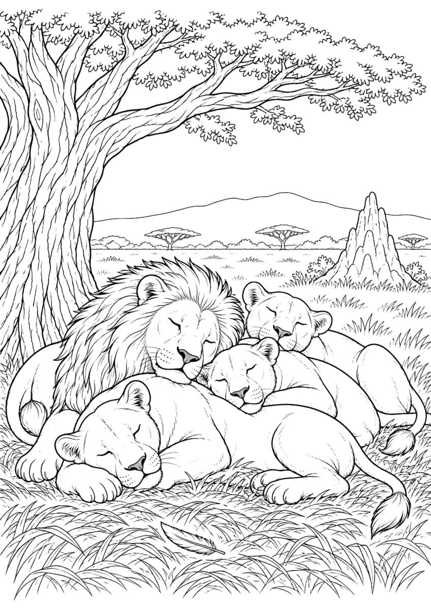 Coloring page of a male lion and three lionesses sleeping together under a tree on the savanna