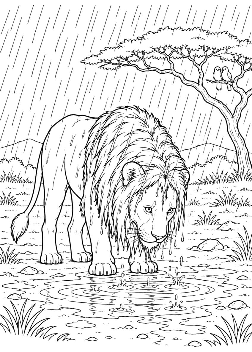 Coloring page of a wet lion standing by a puddle in the rain, with birds in an acacia tree