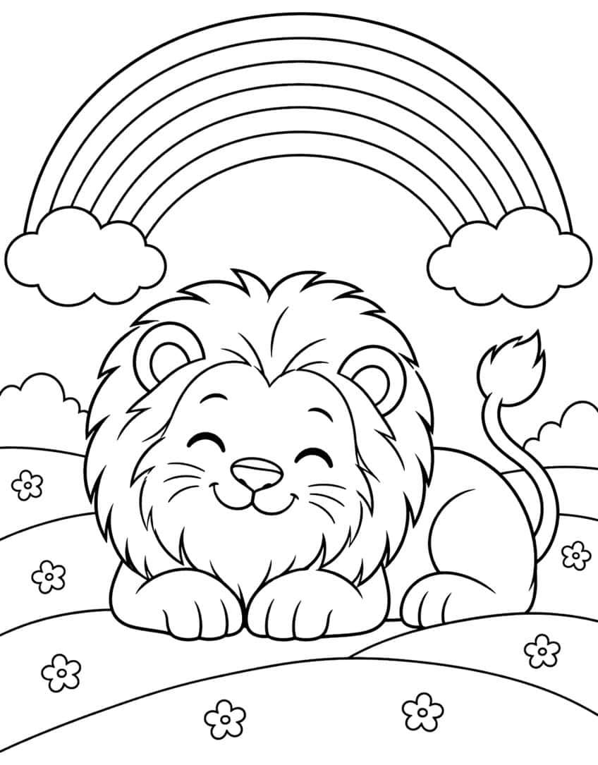 Cartoon lion lying on flowery hills under a rainbow with clouds, black and white coloring page