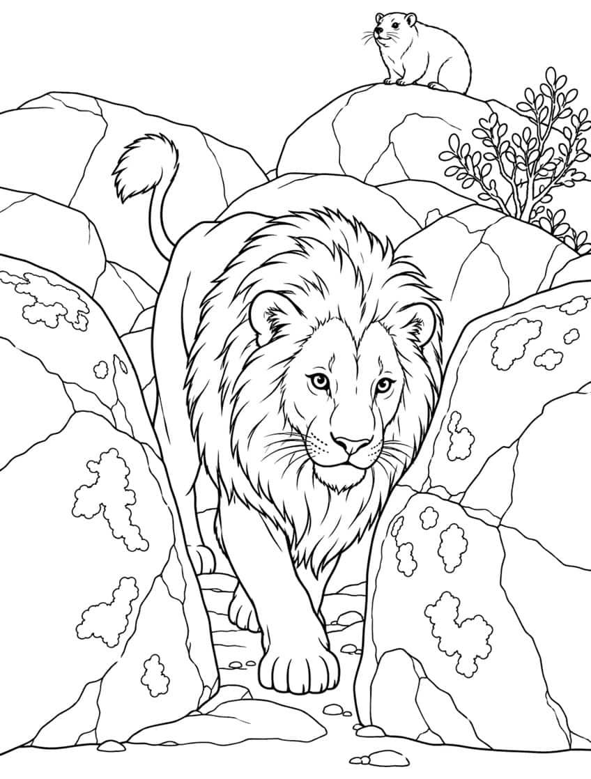 Coloring page of a lion walking between large boulders with a rock hyrax perched on top