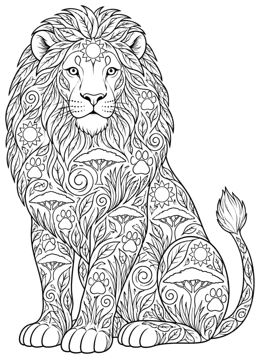 Sitting lion coloring page filled with acacia trees, paw prints, suns and leaf patterns