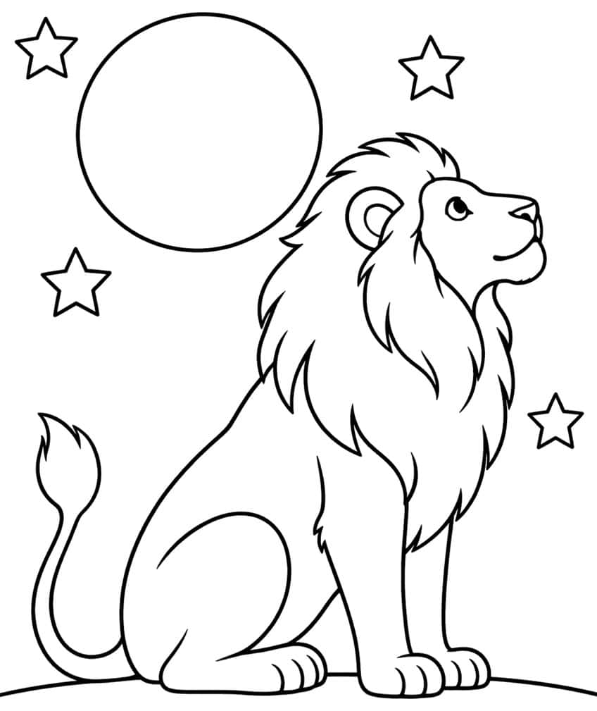 Coloring page of a seated lion looking up at a full moon with stars in the night sky