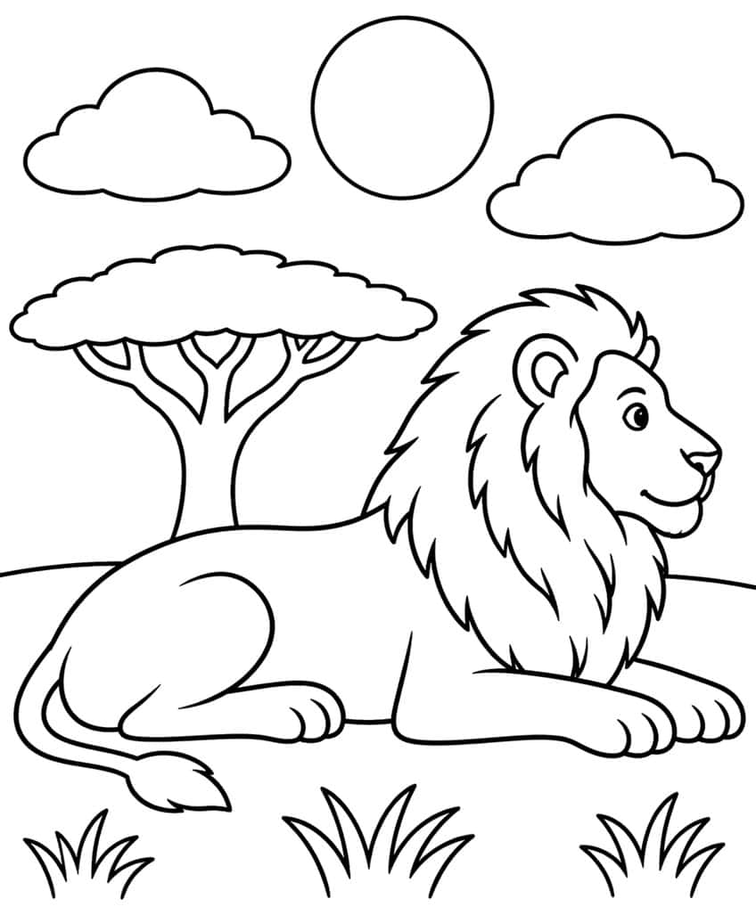 Coloring page of a lion lying in the grass with an acacia tree, sun and clouds