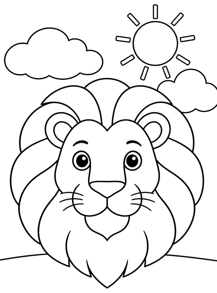 Coloring page of a cartoon lion head with a large mane, a sun and two clouds