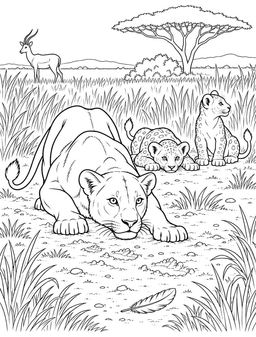 Coloring page of a crouching lioness and two spotted cubs watching a distant gazelle