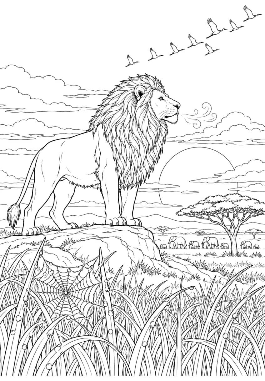 Lion coloring page with a lion on a rock, a dewy spider web, elephants, an acacia tree and flying birds