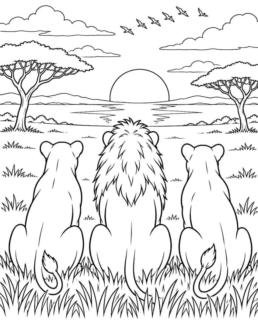 Coloring page of a lion and two lionesses seen from behind, watching the sunset over the savanna