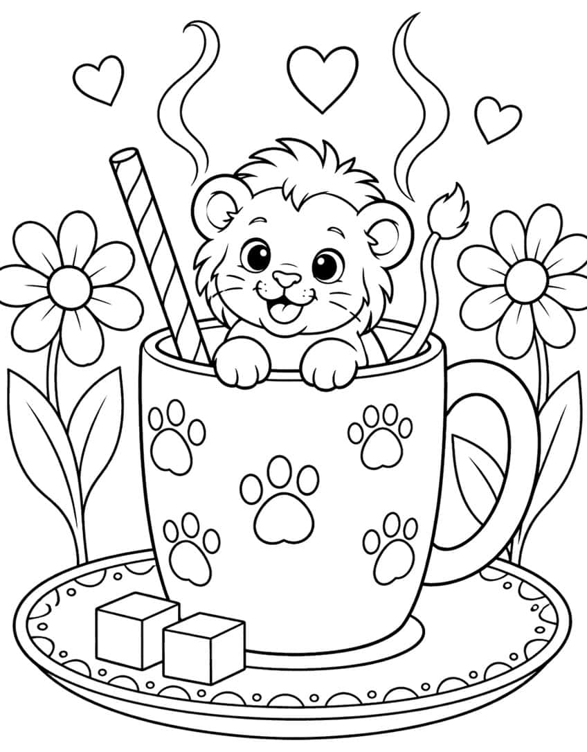 Coloring page of a smiling lion cub in a paw print mug on a saucer with sugar cubes, flowers and hearts