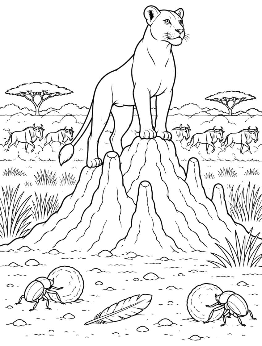 Lioness on a termite mound with wildebeest, acacia trees and dung beetles, coloring page