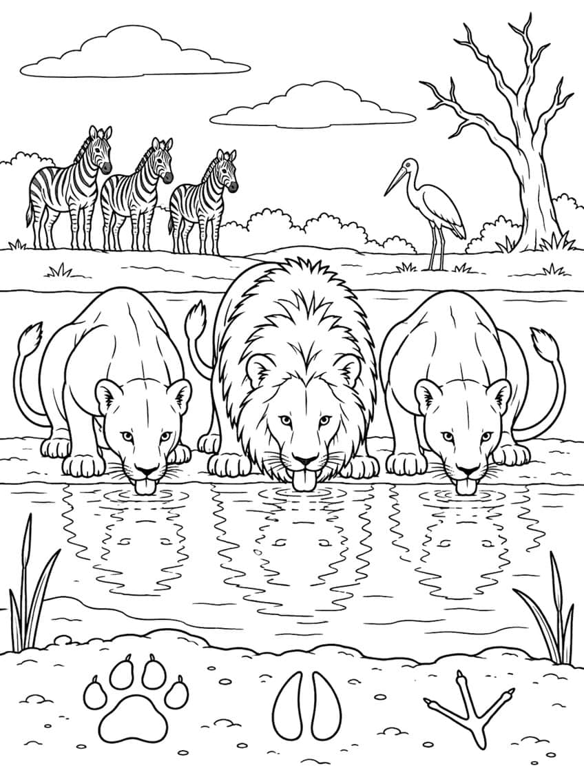 Coloring page of a lion and two lionesses drinking at a waterhole, with zebras, a stork and tracks