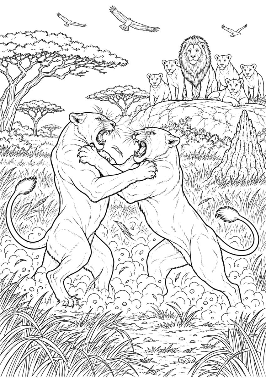 Coloring page of two lionesses wrestling in the savanna grass while a lion pride watches from a rock