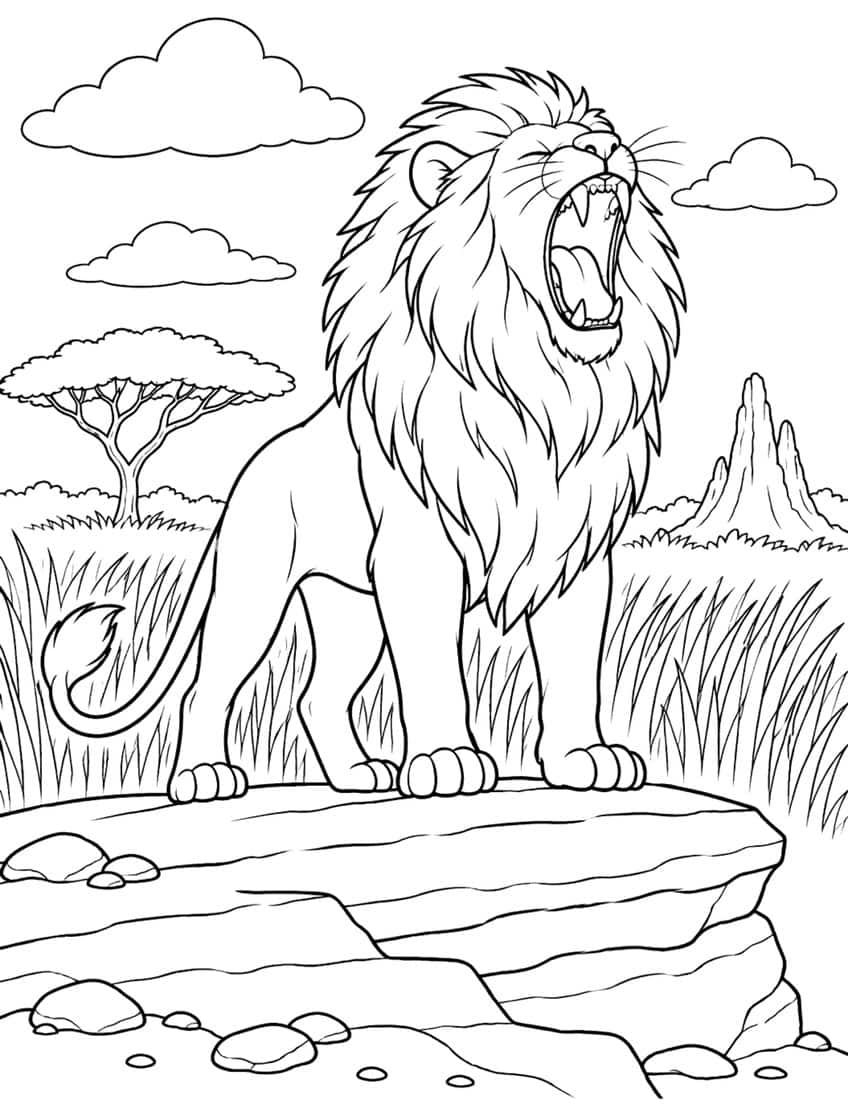 Coloring page of a yawning lion standing on a rock ledge in savanna grass under clouds