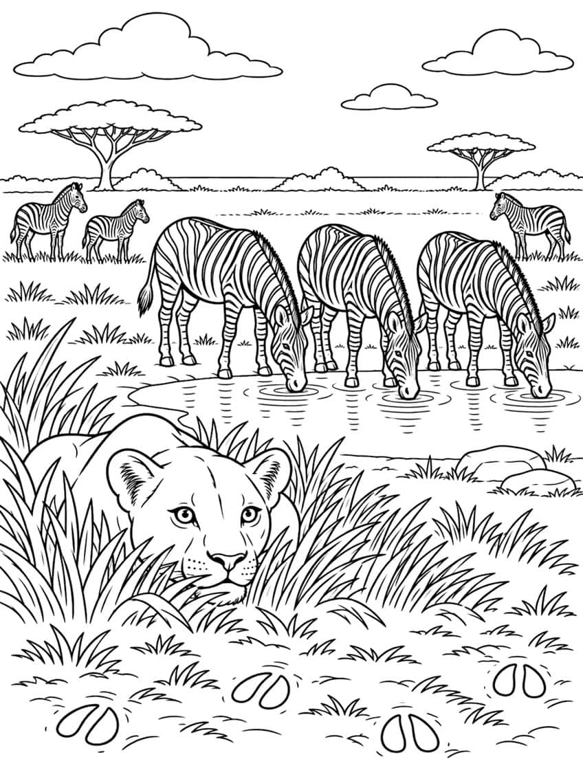 Coloring page of a lioness hiding in tall grass watching zebras drink at a savanna waterhole