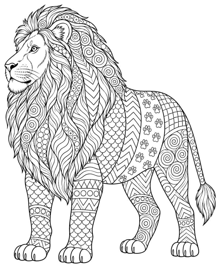 Zentangle lion coloring page with swirls, paw prints, scales and chevron patterns