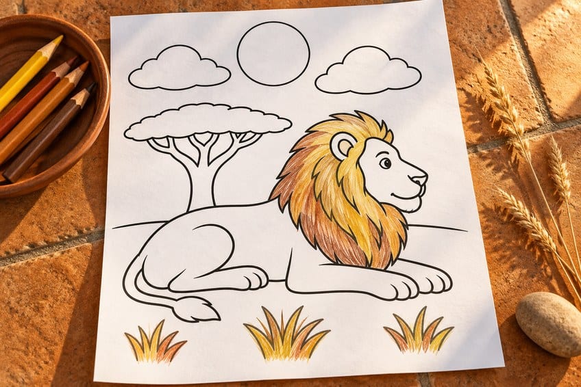 lion coloring page partly colored in with pencils