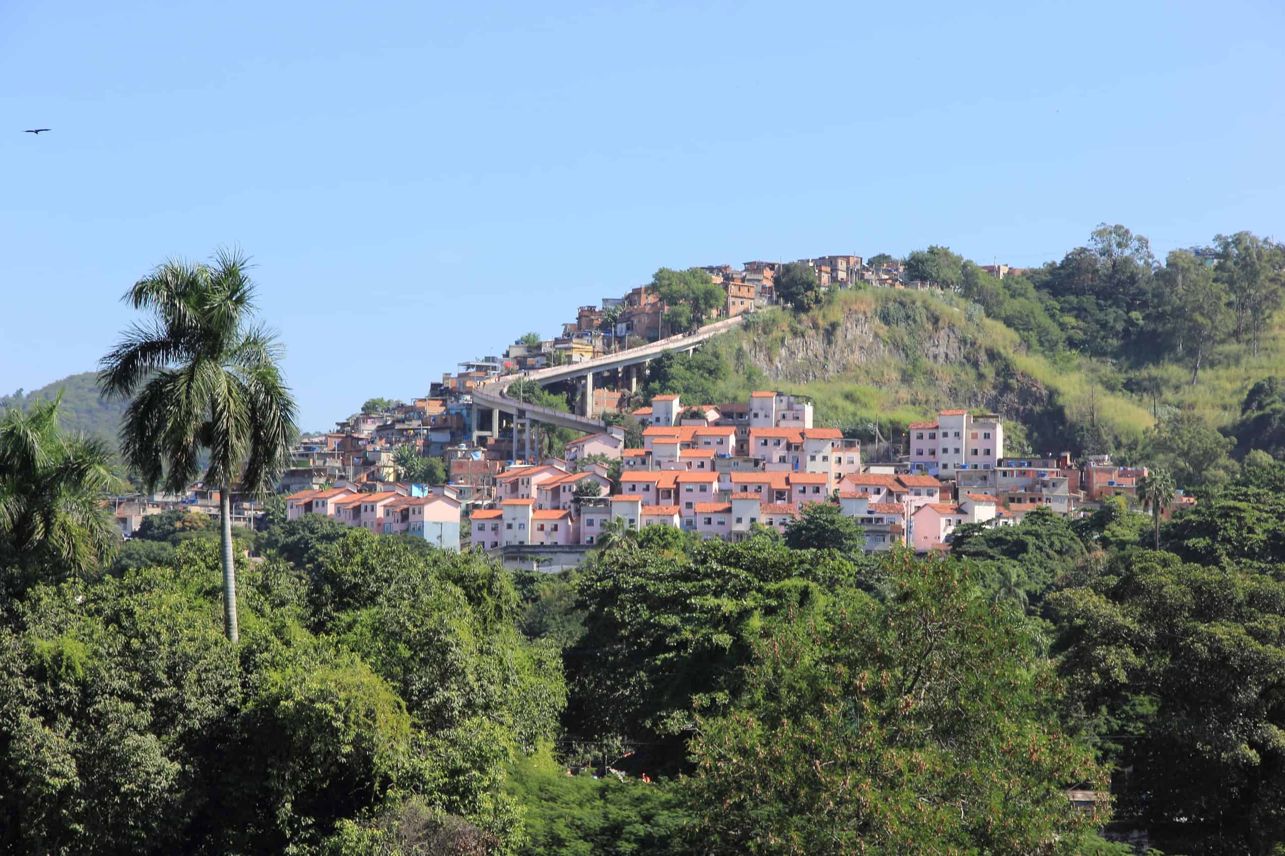 Morro da Mangueira rises beyond trees and buildings in Rio de Janeiro, seen from Quinta da Boa Vista.