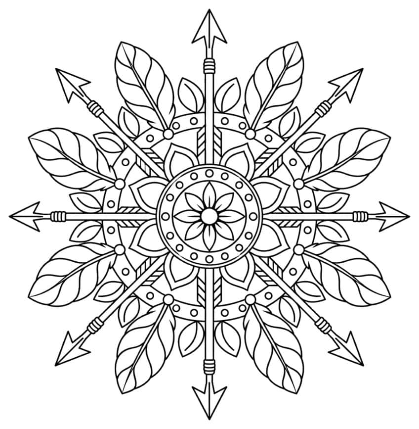 Mandala coloring page with eight arrows, feathers and a central flower disc