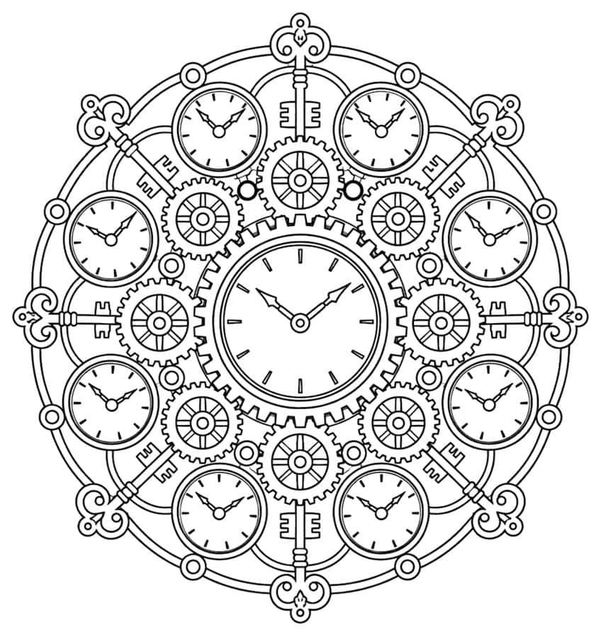 Round mandala of clock faces, gears and ornate keys for colouring