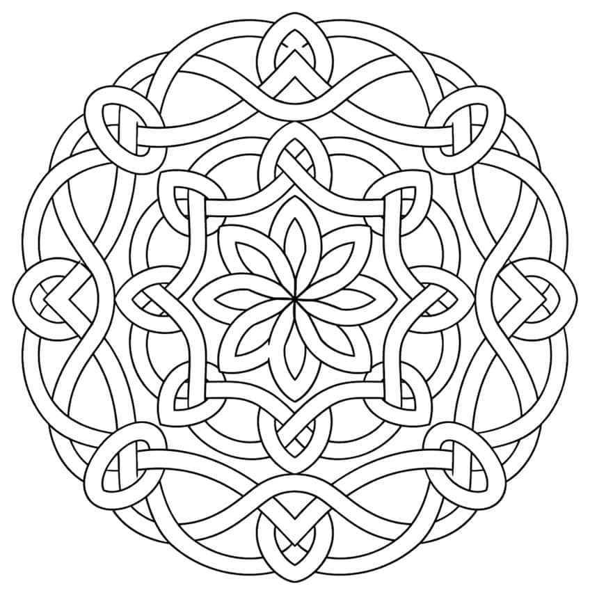 Round mandala of woven ribbons and knots around a six-petal flower