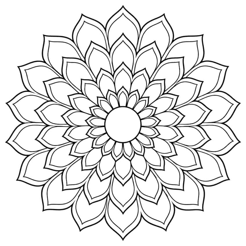 Mandala coloring page with four rings of pointed lotus petals around a circle