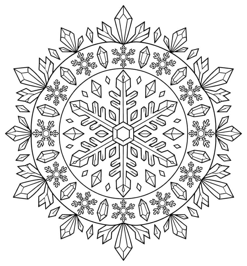 Mandala coloring page with a large snowflake and rings of ice crystals