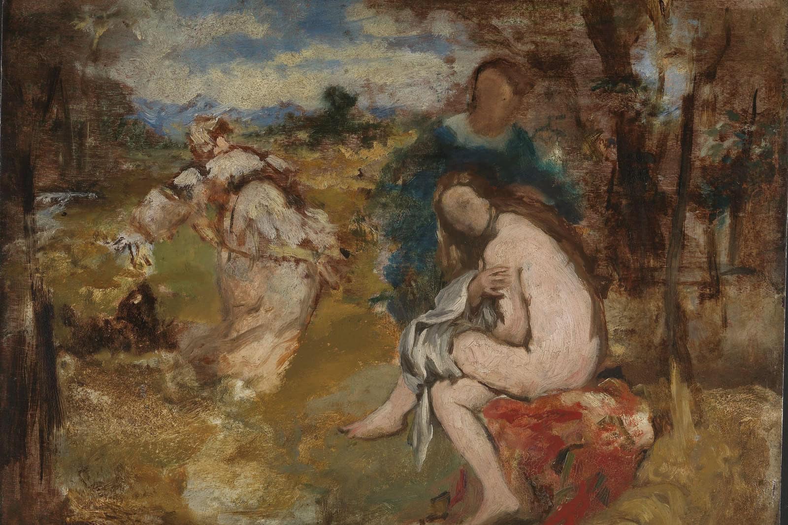 Three women appear in a loose oil sketch, including a figure crouching at the left edge.