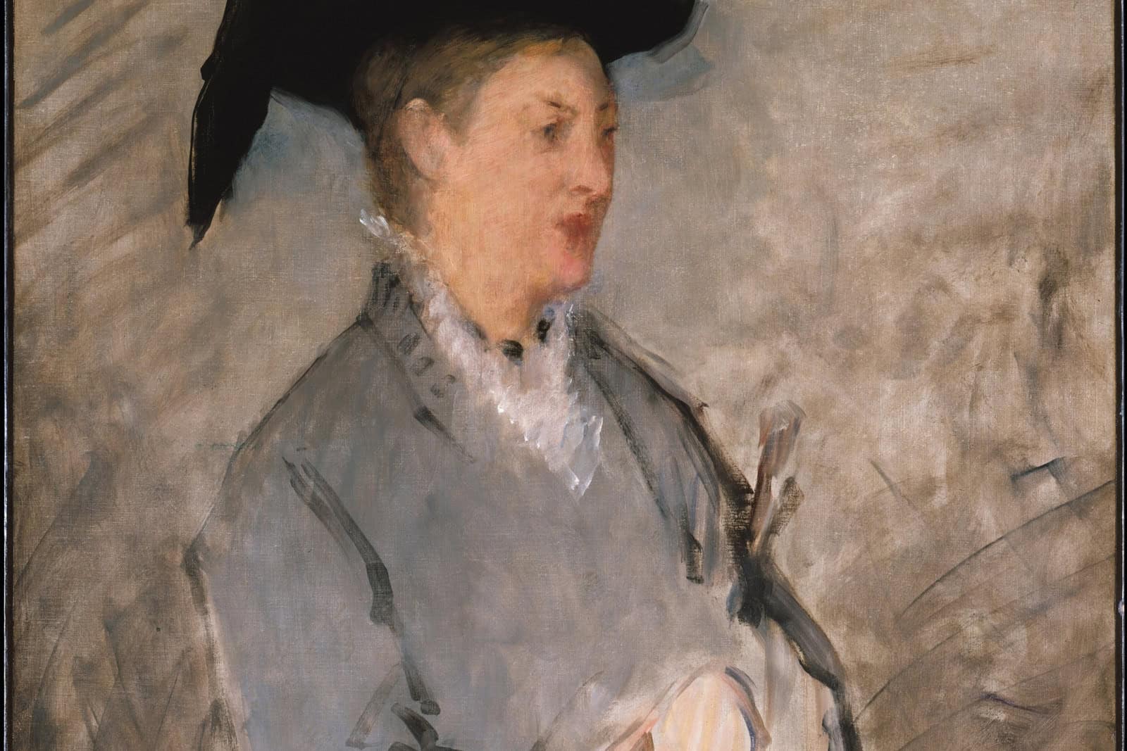 Suzanne Manet faces forward in an unfinished portrait painted in muted brown and gray tones.