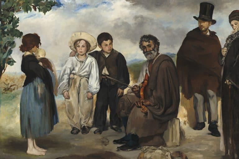 A group of six people in worn clothing gathers around an elderly violinist in a sparse landscape.