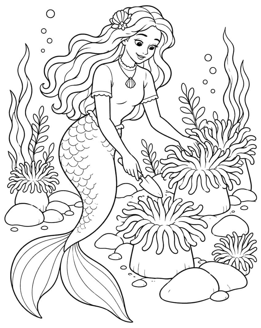 Mermaid with a trowel tending sea anemones among rocks and seaweed