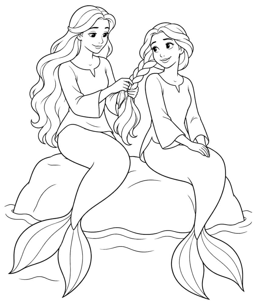Coloring page with two mermaids on a rock, one braiding the other's hair