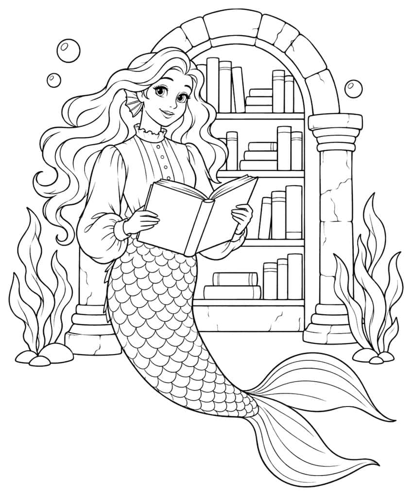 Coloring page of a mermaid reading a book in front of an underwater bookshelf arch