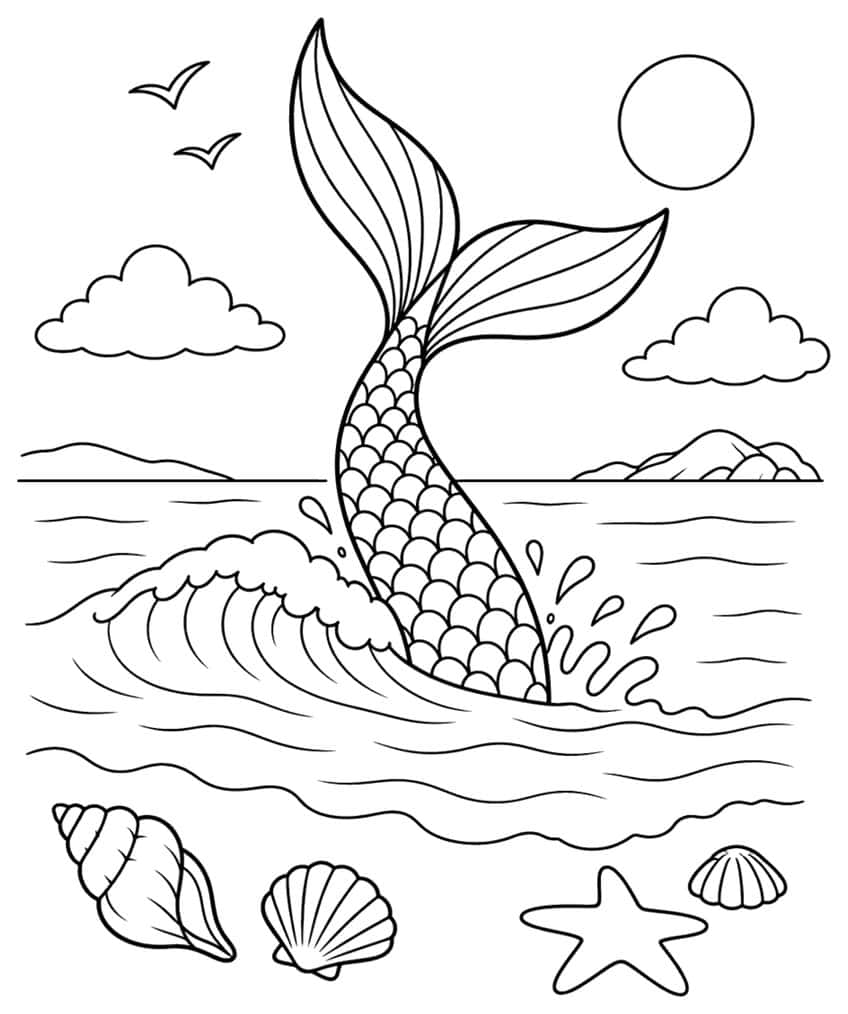 Coloring page of a mermaid tail rising from a wave with sun, clouds and shells