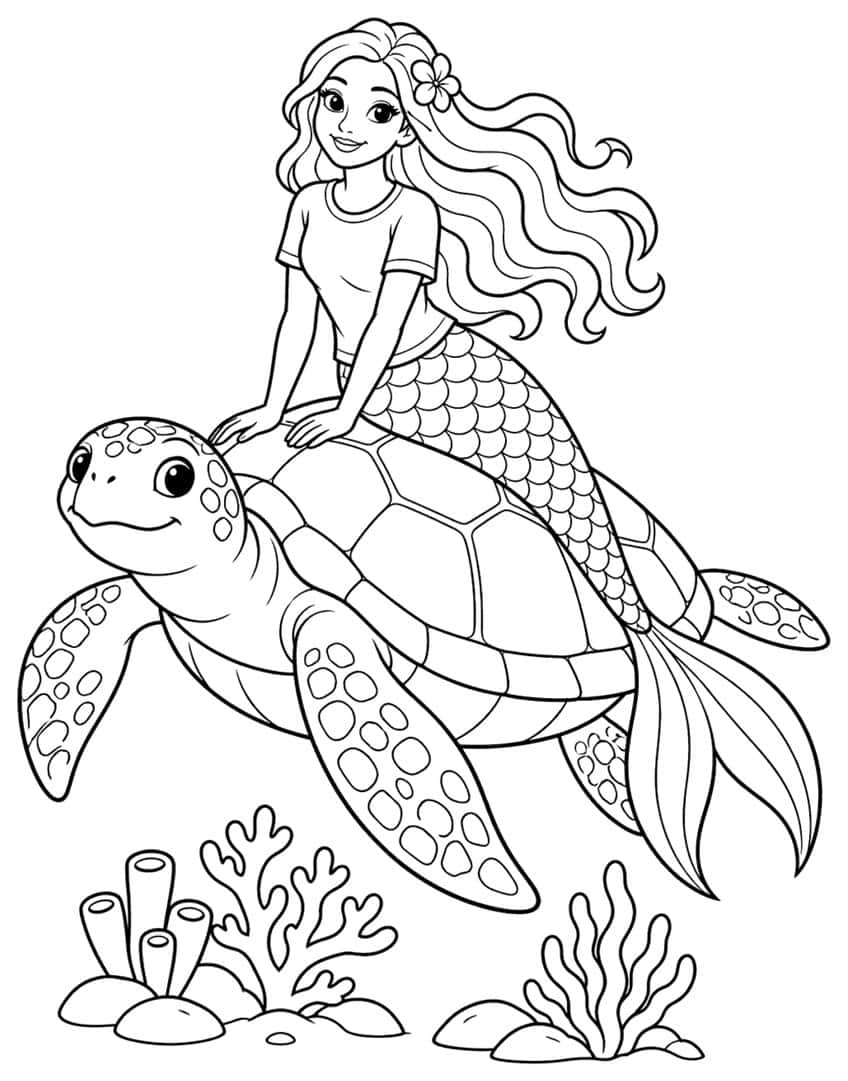 Coloring page of a mermaid riding a large sea turtle above coral