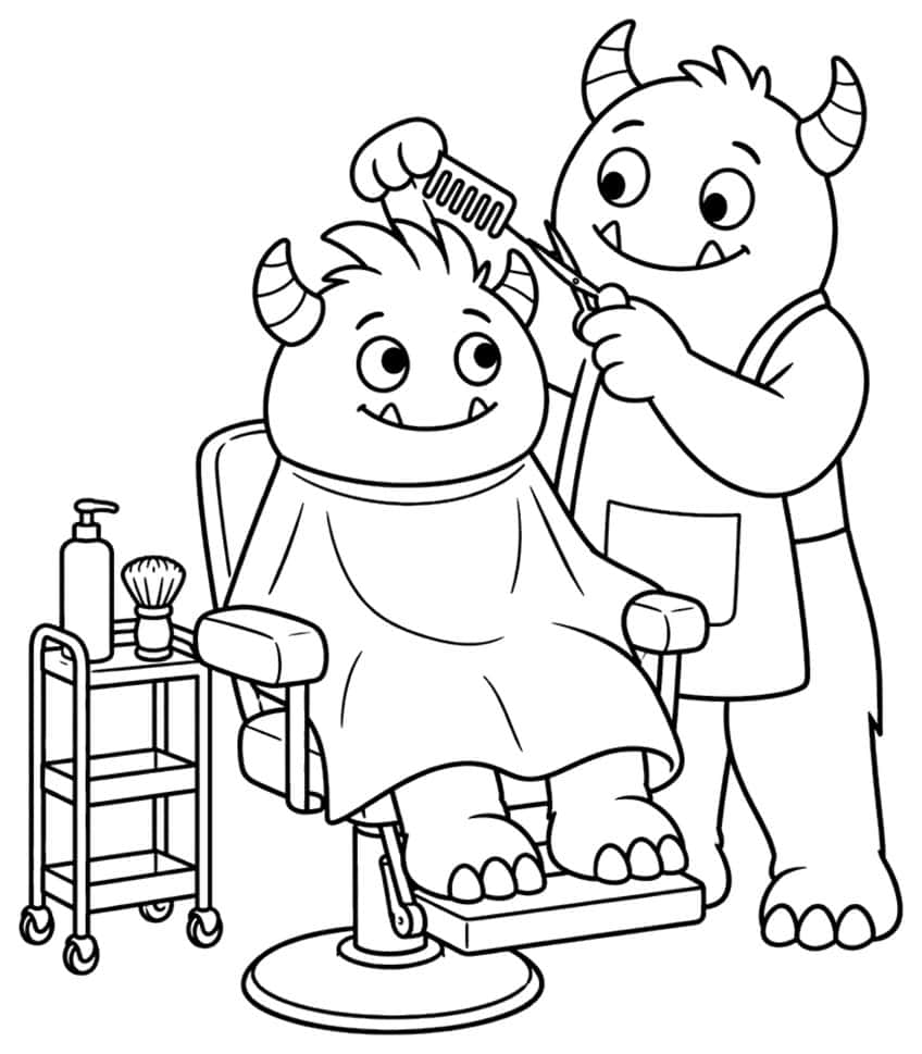 Monster barber cutting another monster's hair in a salon chair, coloring page