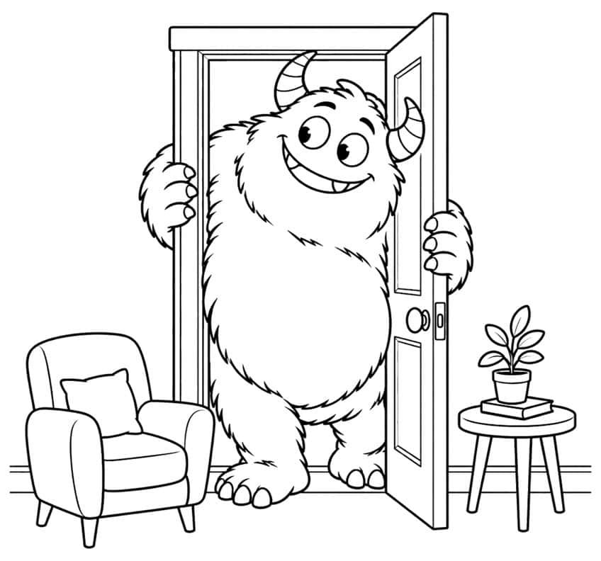 Coloring page of a smiling furry horned monster opening a door into a living room