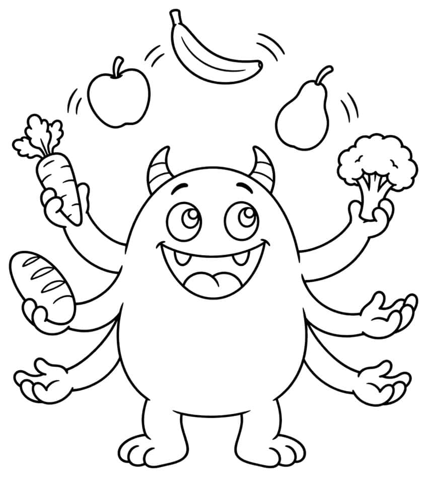 Coloring page of a six-armed monster juggling fruit and vegetables