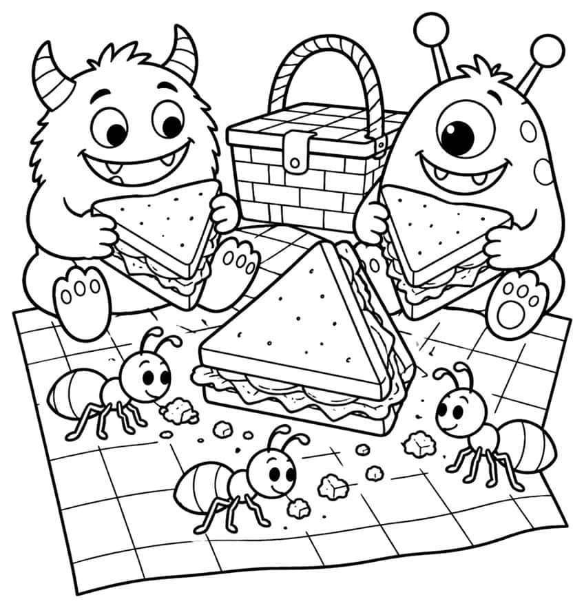 Coloring page with two monsters eating sandwiches on a picnic blanket with ants