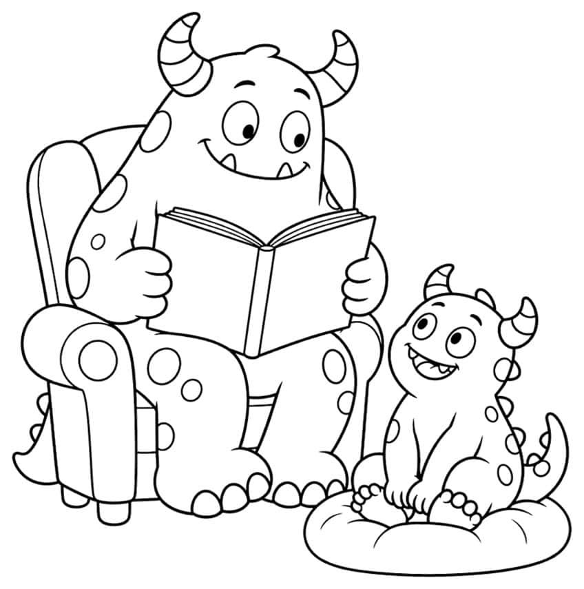 Coloring page: big monster reads a book to a small monster on a cushion
