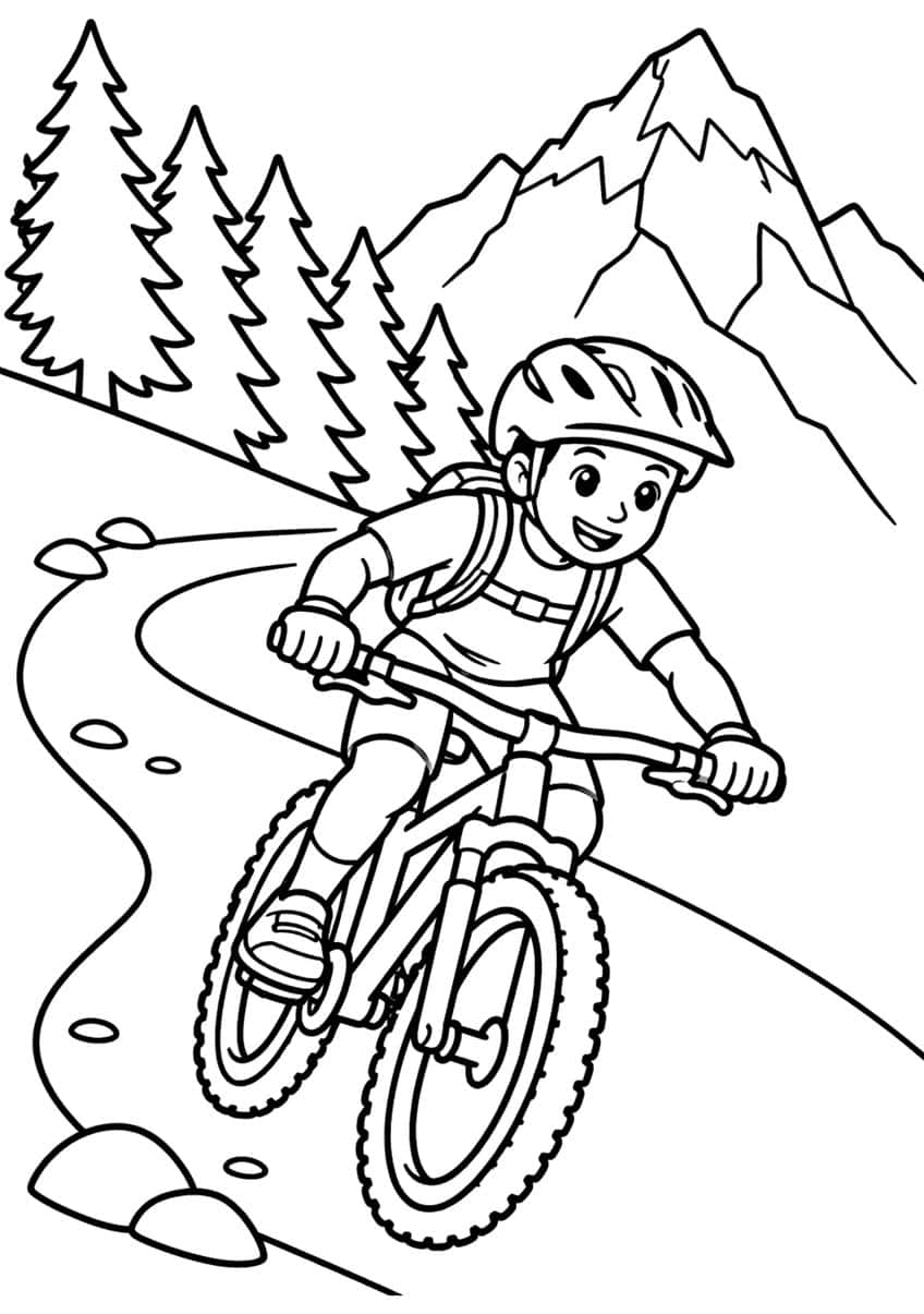 Boy in helmet riding a mountain bike on a winding trail with pine trees and a rocky peak