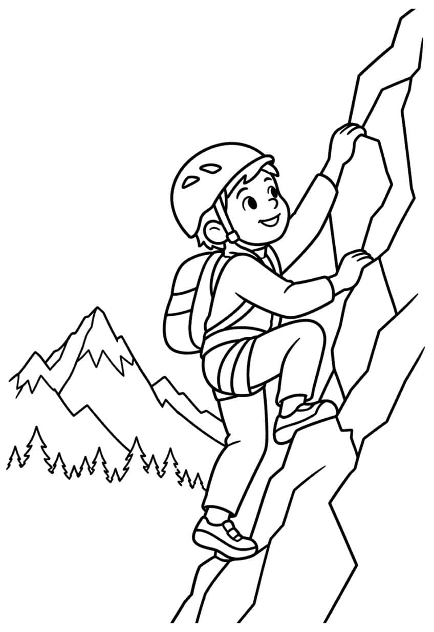 Child in helmet and harness climbing a cliff, with a snowy peak and pine trees behind