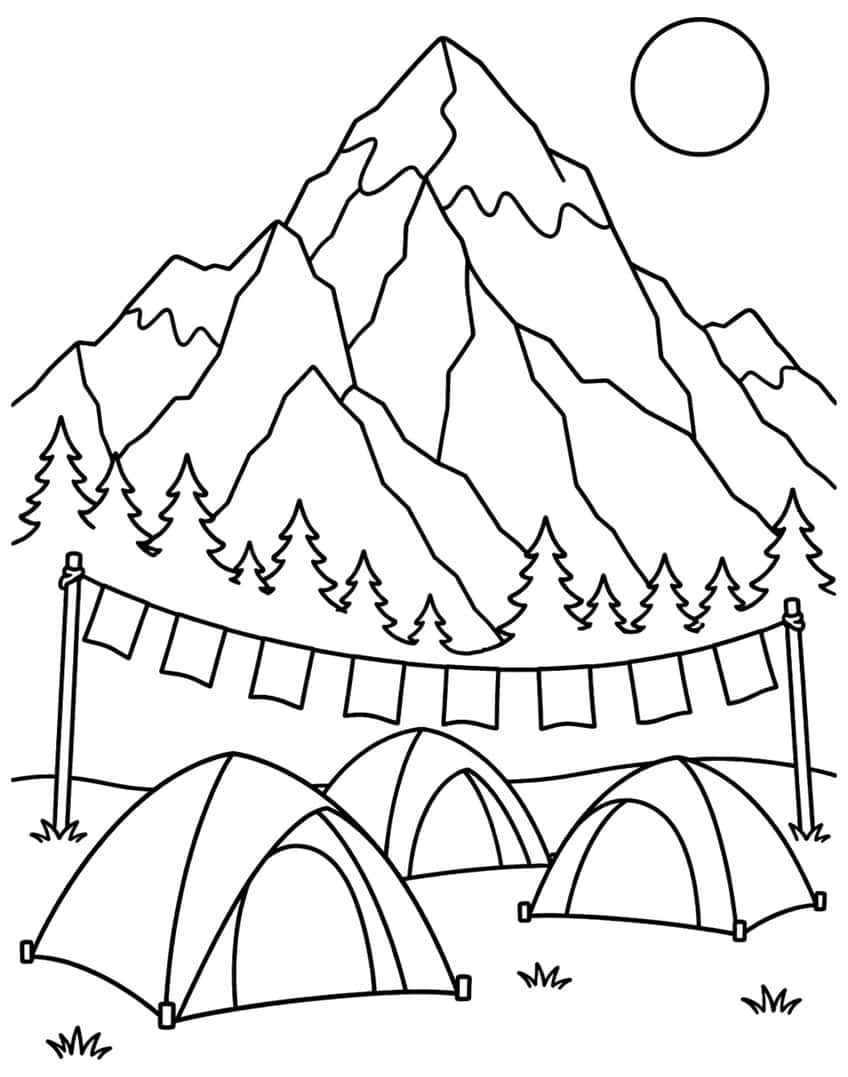 Three dome tents, a line of flags on poles, pine trees, a tall snowy mountain and a sun