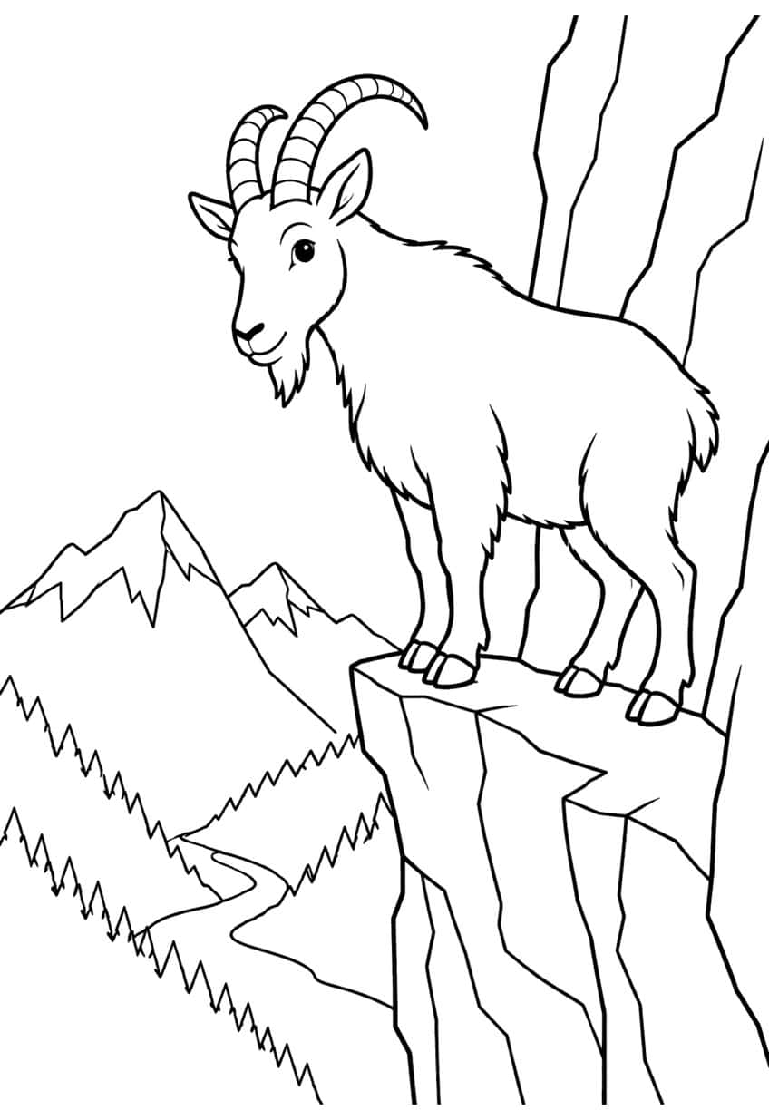 Horned mountain goat standing on a cliff ledge above a valley with peaks, pines and a winding stream