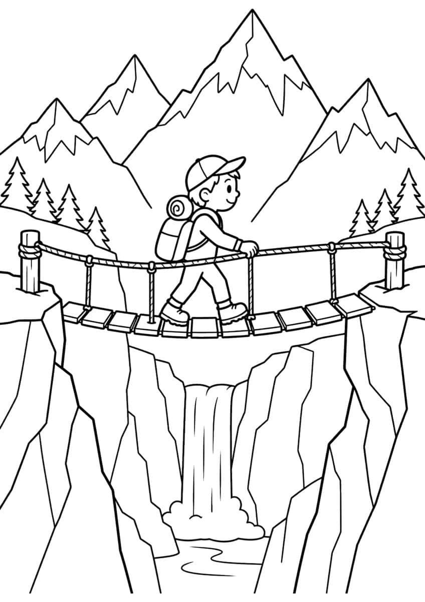 Hiker with backpack crossing a rope bridge over a waterfall gorge, with snowy mountains and pine trees behind
