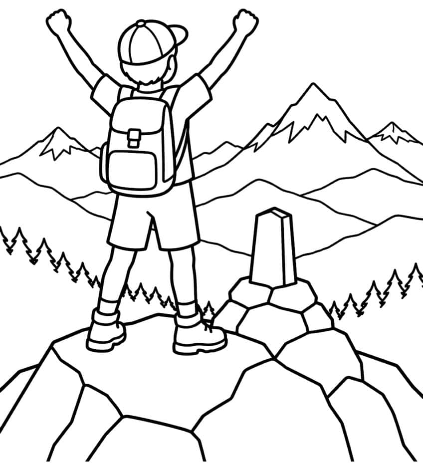 Hiker with backpack and raised arms beside a stone summit marker, with mountain ridges and pines behind