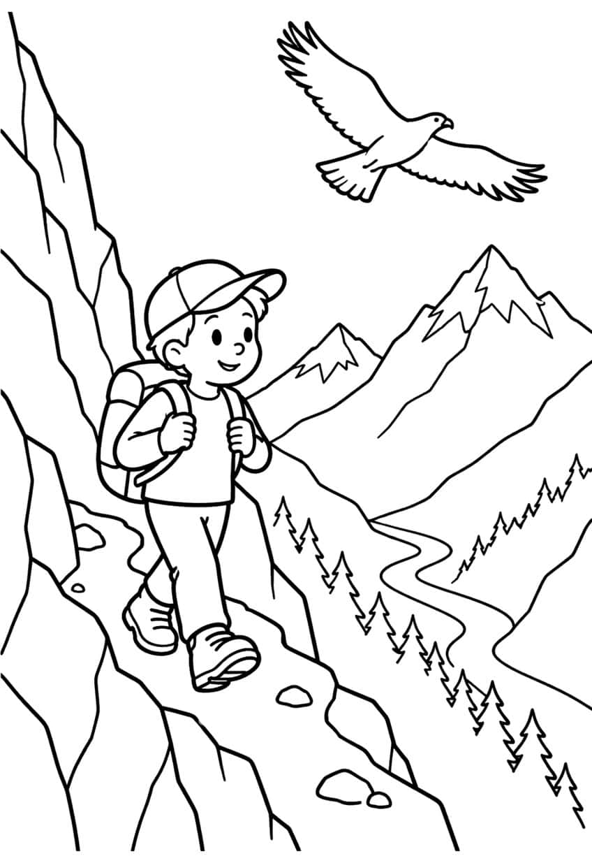 Boy with cap and backpack hiking a cliff path, eagle flying above, river, pines and peaks in the valley