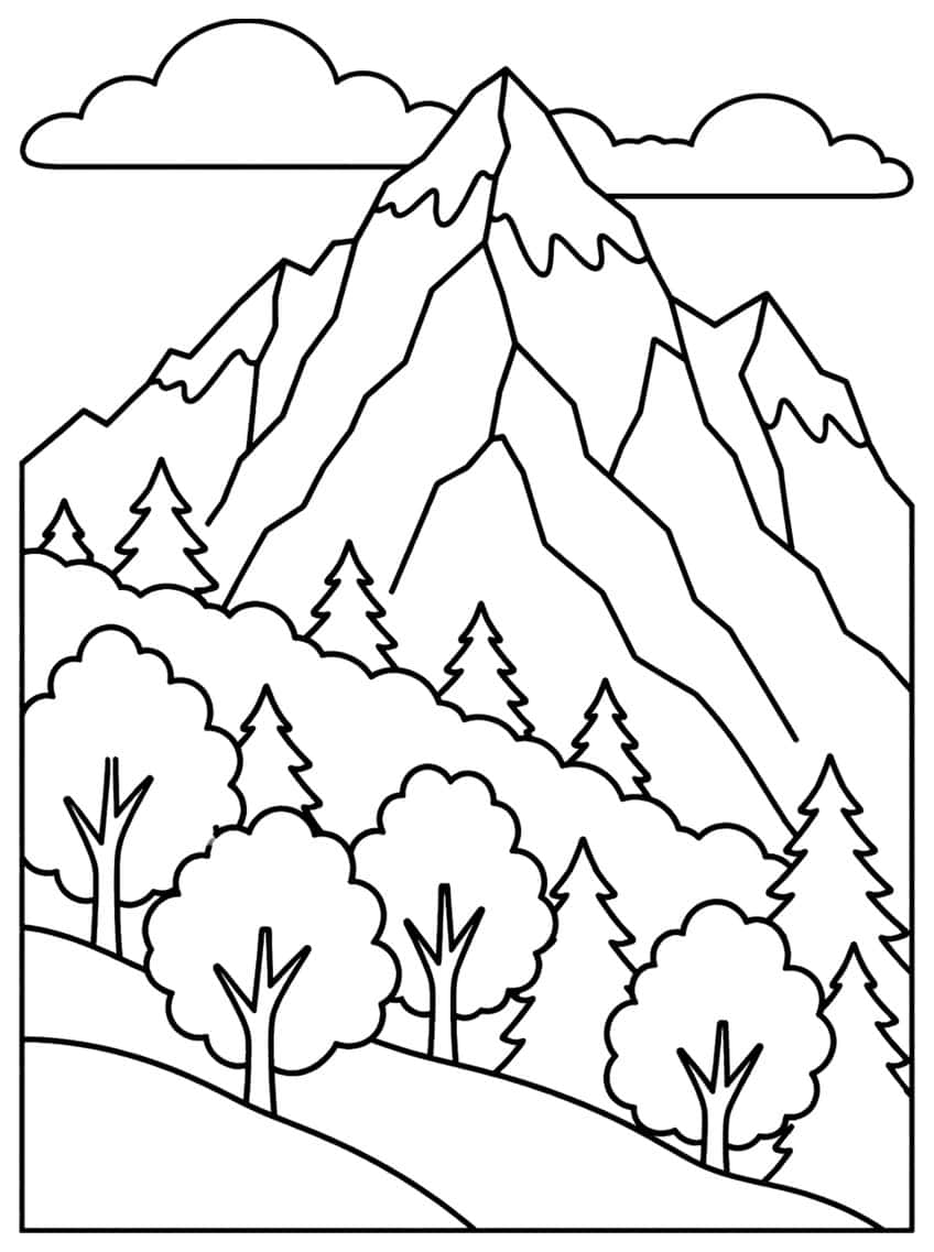 Round autumn trees and spruces on a hillside below a snowy rocky peak with two clouds